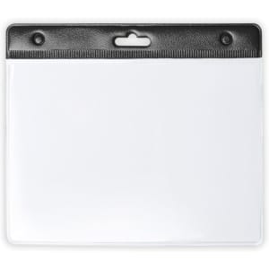 A clear plastic badge holder with a black top and a hanging slot for attachment. Ideal for name badges.