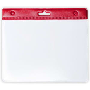 A clear name badge holder with a red top and a slot for attachment. Ideal for exhibitions and events.