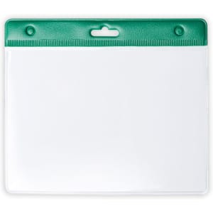 A clear plastic badge holder with a green top edge and a slot for attachment.