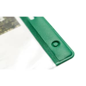 A green Alter Id Badge with a textured edge and attachment point, designed for exhibitions and events.