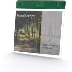 A clear badge holder featuring a green top, displaying a name and an image of a forest.