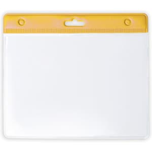 A clear plastic name badge holder with a yellow top, featuring a slot for easy attachment.