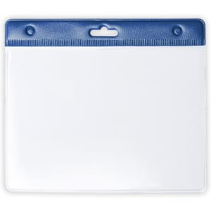 A clear plastic name badge holder with a blue top and a slot for lanyards or clips.