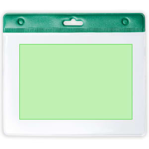 A green and white name badge holder with a top slot for attachment. The holder is clear with a blank insert area.