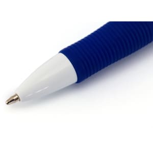 A blue plastic pen with a white tip and textured grip design. Includes a branding logo.