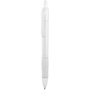 A white pen with a soft grip and a clip for easy attachment. It features a branding logo.
