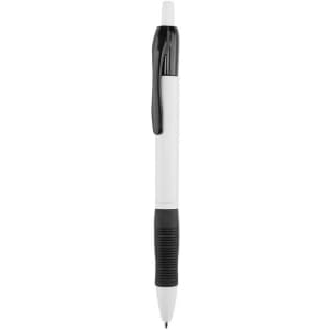 A plastic pen with a white barrel, black clip, and textured grip. It features a logo on the side.