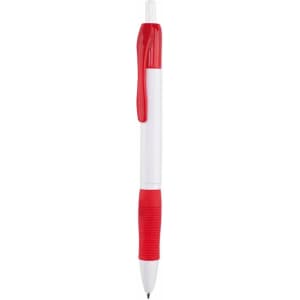 A red and white plastic pen with a textured grip and a clip for easy carrying. The pen has a branded logo.