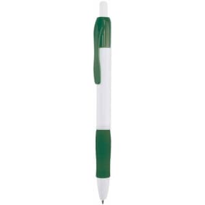 A plastic pen with a white barrel, green grip, and green clip, featuring a logo on the barrel.