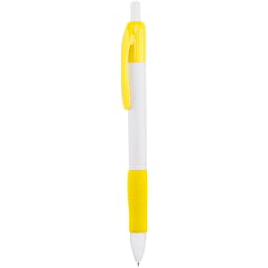 A plastic pen featuring a white body with a yellow grip and clip. It has a simple, modern design.