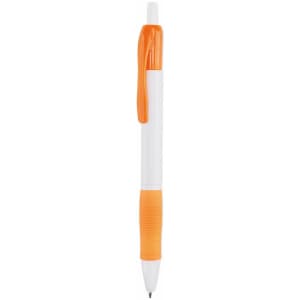A plastic pen with an orange clip and grip, featuring a white body. It includes a brand logo.