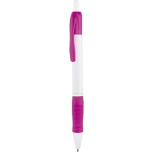 A plastic pen with a white barrel and a vibrant pink grip and clip, featuring a logo.