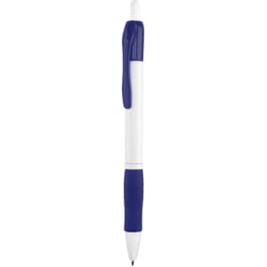 A plastic pen with a white body, blue grip, and a blue clip. It features a logo on the body.