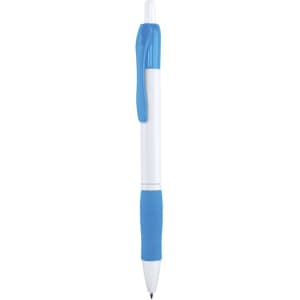 A plastic pen featuring a blue barrel, blue grip, and white accents, with a clip at the top.