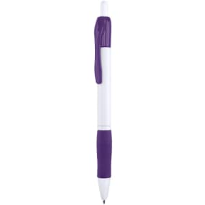 A plastic pen featuring a white barrel, purple grip, and purple clip, with a logo on the barrel.