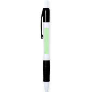 A plastic pen in black and white with a green highlighting section and a grip. It features a clip for attachment.