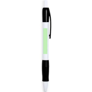A plastic pen featuring a black and white design with a green accent and a textured grip.
