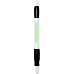 A plastic pen in black and white with a blank green section for customisation. The pen features a grip for comfortable writing.