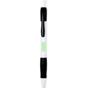 A plastic pen in white and black, featuring a grip section and a colour block on the barrel. The pen has a logo.