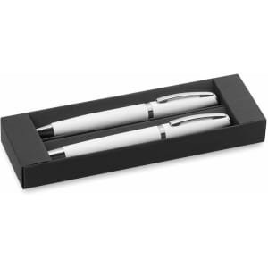 A set of two white metal pens in a black presentation box, featuring silver accents.
