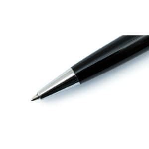 A black metal pen with a shiny silver tip and a sleek design. It features a branding logo near the tip.