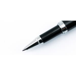 A black metal pen with a silver clip and tip, featuring a sleek design. It has a branding logo near the top.