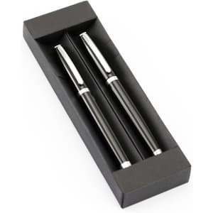 A set of two black metal pens with silver accents, presented in a sleek black box.