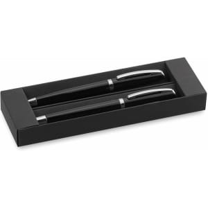 A set of two black metal pens in a sleek black gift box, featuring a logo on the box.