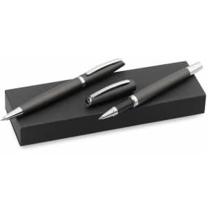 A black pen set featuring two metal pens with silver accents, presented in a black box.