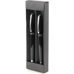 A boxed set of two black metal pens with silver accents, presented in a sleek black packaging.
