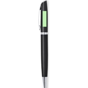 A metal pen with a black body and a green accent, featuring a silver clip and tip, and a logo.