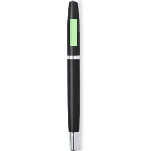 A black metal pen with a green accent and a silver clip, featuring a simple design and a logo.