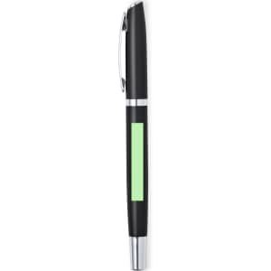 A metal pen featuring a sleek black body and a green accent, complete with a clip and a branding logo.