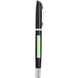 A metal pen with a sleek black body and silver accents, featuring a green section for customization.