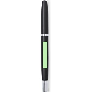 A metal pen in black with a silver clip and a green section for branding or personalisation.