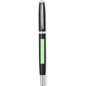 A black metal pen with a silver clip and a green section. The pen has a sleek and modern design.