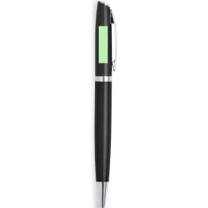 A metal pen featuring a black finish and a green accent, with a shiny silver clip and tip. It has a logo.