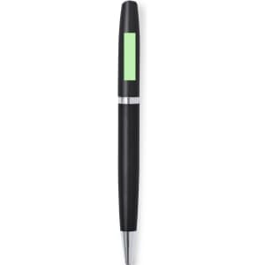 A black metal pen with a green accent and a silver clip, featuring branding on the side.