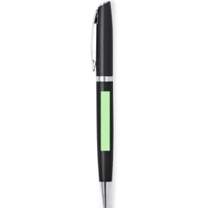 A black metal pen featuring a silver clip and a green accent. The pen has a sleek, modern design.