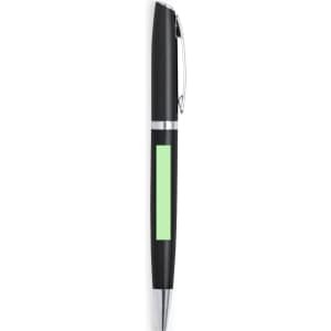 A black metal pen with a silver clip and a green highlight on the barrel, featuring a logo.