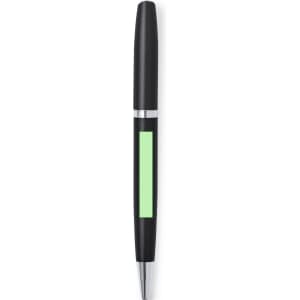 A metal pen in black with a green accent and a silver clip featuring a logo.