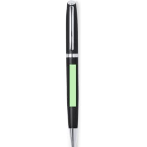 A black metal pen with a silver clip and a green accent section. It features a logo on the body.