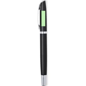 A black metal pen with a silver clip and a green accent. The pen features a logo on its body.