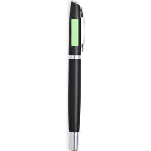 A black metal pen with a silver clip and a green accent, featuring a logo.