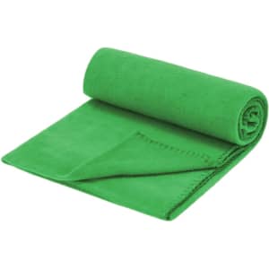 A rolled green blanket featuring a smooth texture and stitched edges, showcasing a vibrant colour.
