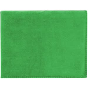 A green soft blanket with a smooth texture, featuring a stitched edge and a branding logo.