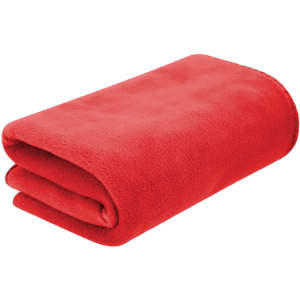 A folded red blanket in a soft, plush fabric, featuring a clean edge and a smooth texture.