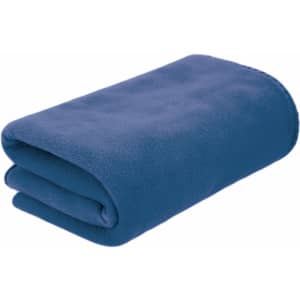 A soft, folded blanket in a deep blue hue, featuring a smooth texture and rounded edges. It has a branding logo.
