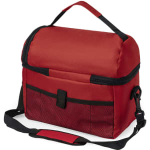 A red cooler bag with a zip closure, featuring a mesh pocket and a detachable shoulder strap. It has a logo.