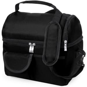 A black cooler bag with a zippered compartment and two front pockets. It features a detachable shoulder strap.